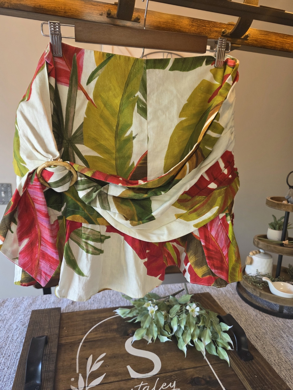 FARM Rio Tropical Leaf Mini Skirt in Green, Red & White